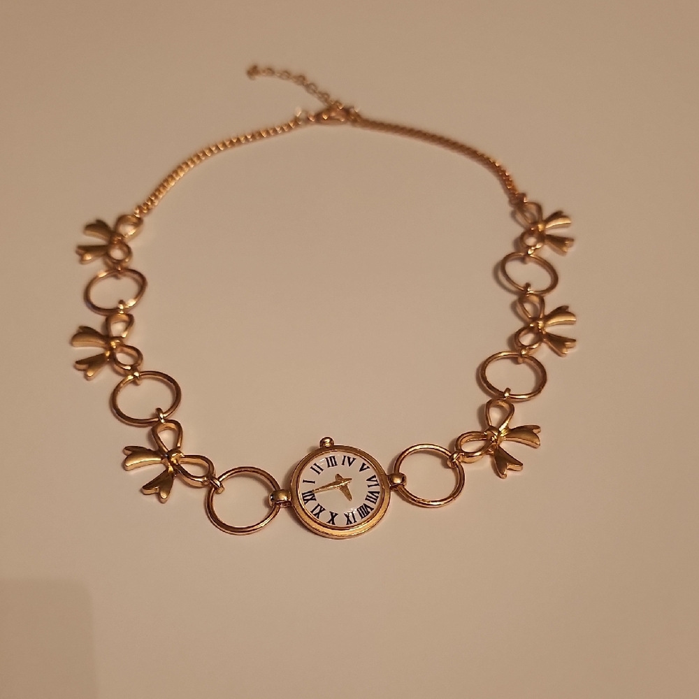 Gold Bow Link Watch Necklace with Round Roman Dial Set Of 3 Goldtone Necklaces